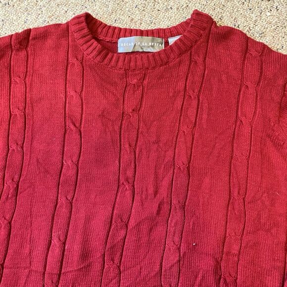 Oscar de la Renta Sweater Men L Cable Knit Red Crew Neck Jumper Pullover Preppy - Picture 7 of 8